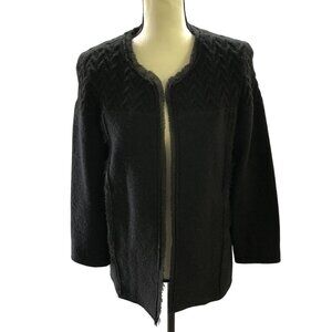 For Cynthia 100% Wool Blazer Jacket Womens M Black Open Front Fringe‎ Formal